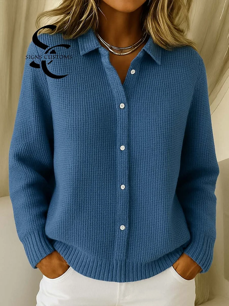 Women's Solid Color Shirt Collar Long Sleeve Waffle Knit Cardigan