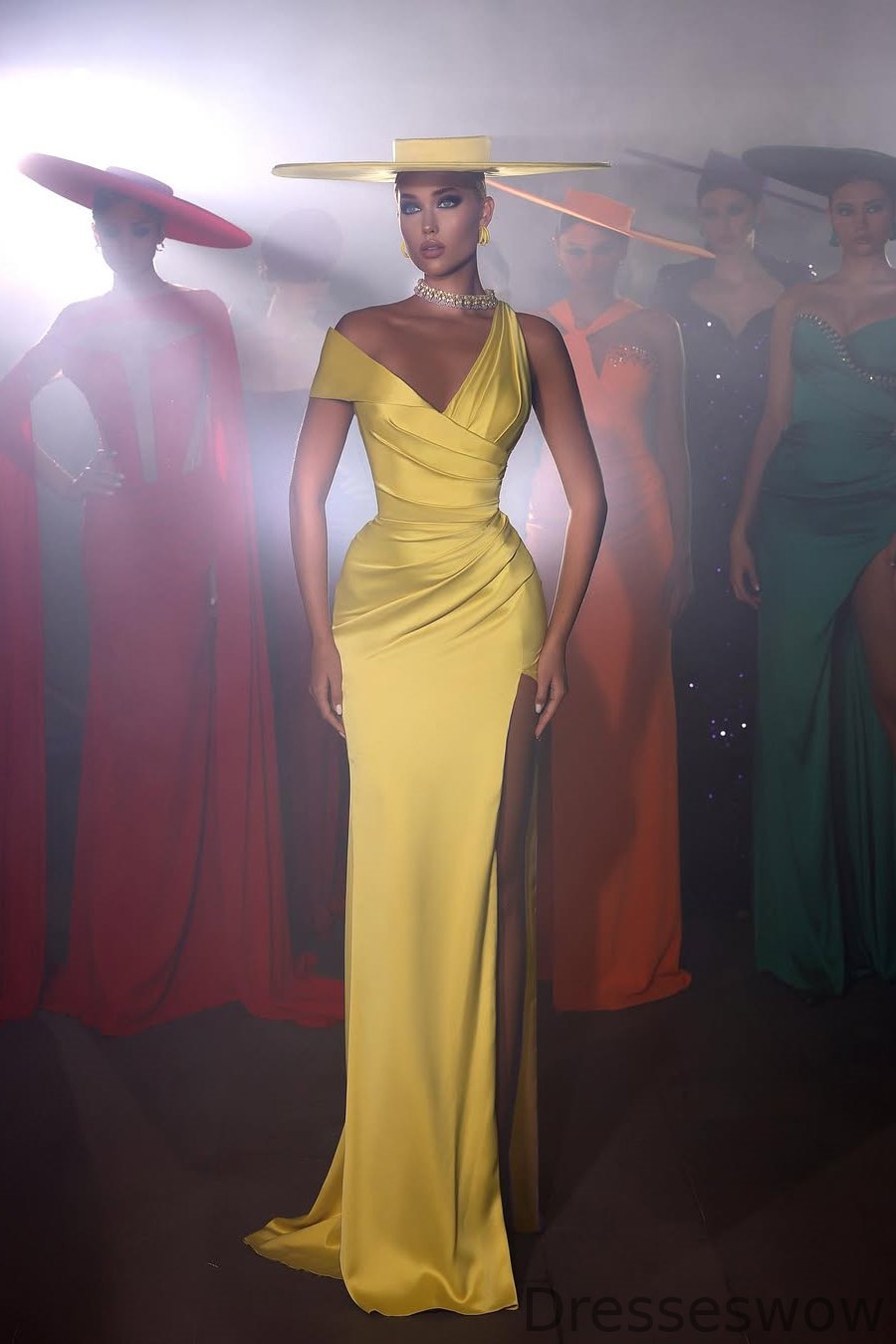 Dresseswow Yellow Off-the-Shoulder Sleeveless Mermaid Prom Gown Pleats With Split Online