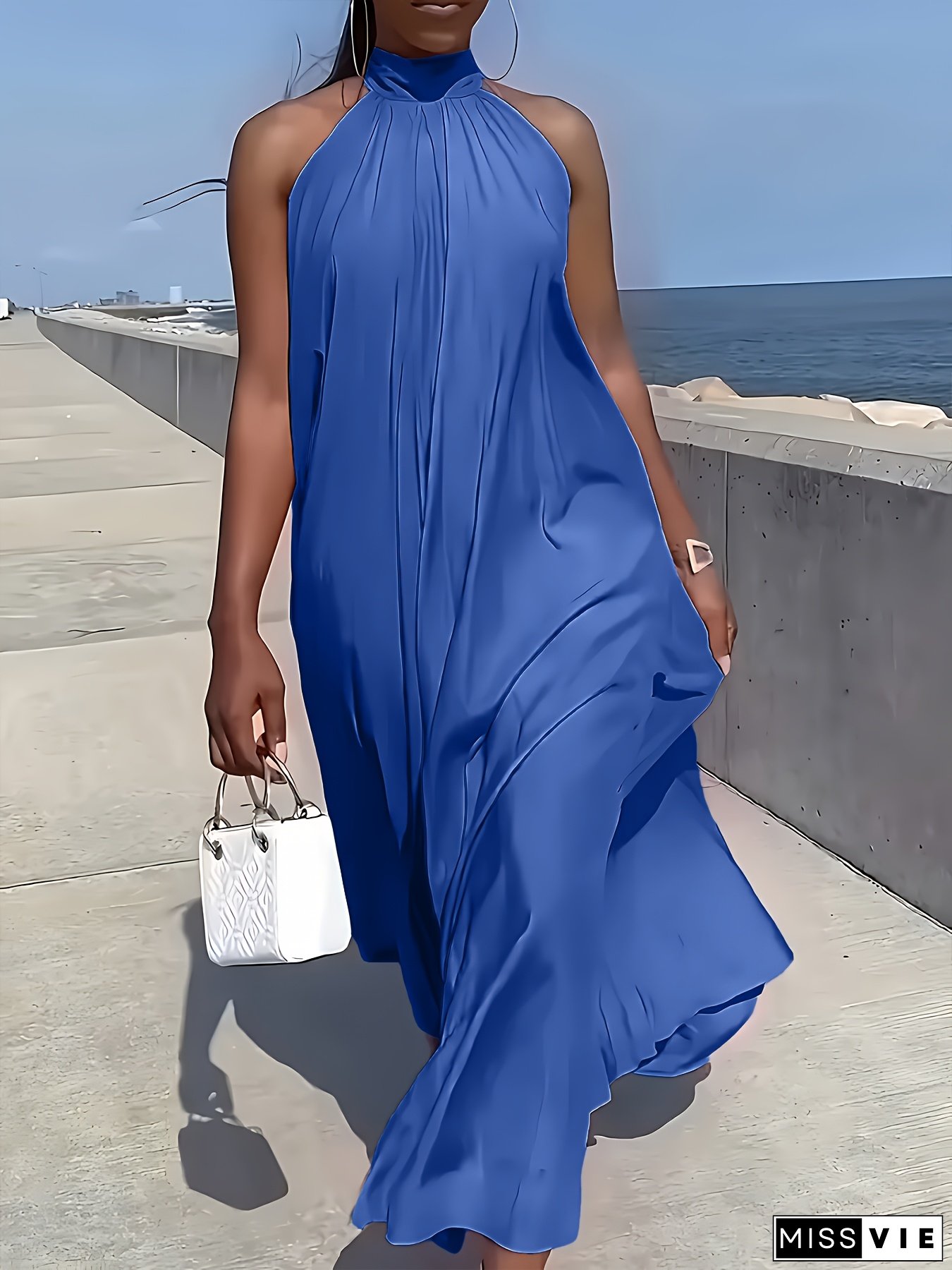 This Is A Loose-Fitting Backless Vacation Dress With A Tie, Featuring A Flowing And Elegant Sleeveless Design Suitable For Summer And Spring, Available In Plus Sizes.