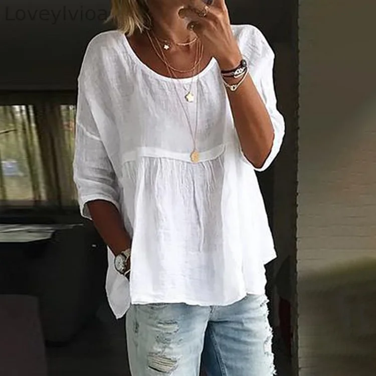Solid Color Cotton And Linen Round Neck Loose Blouse