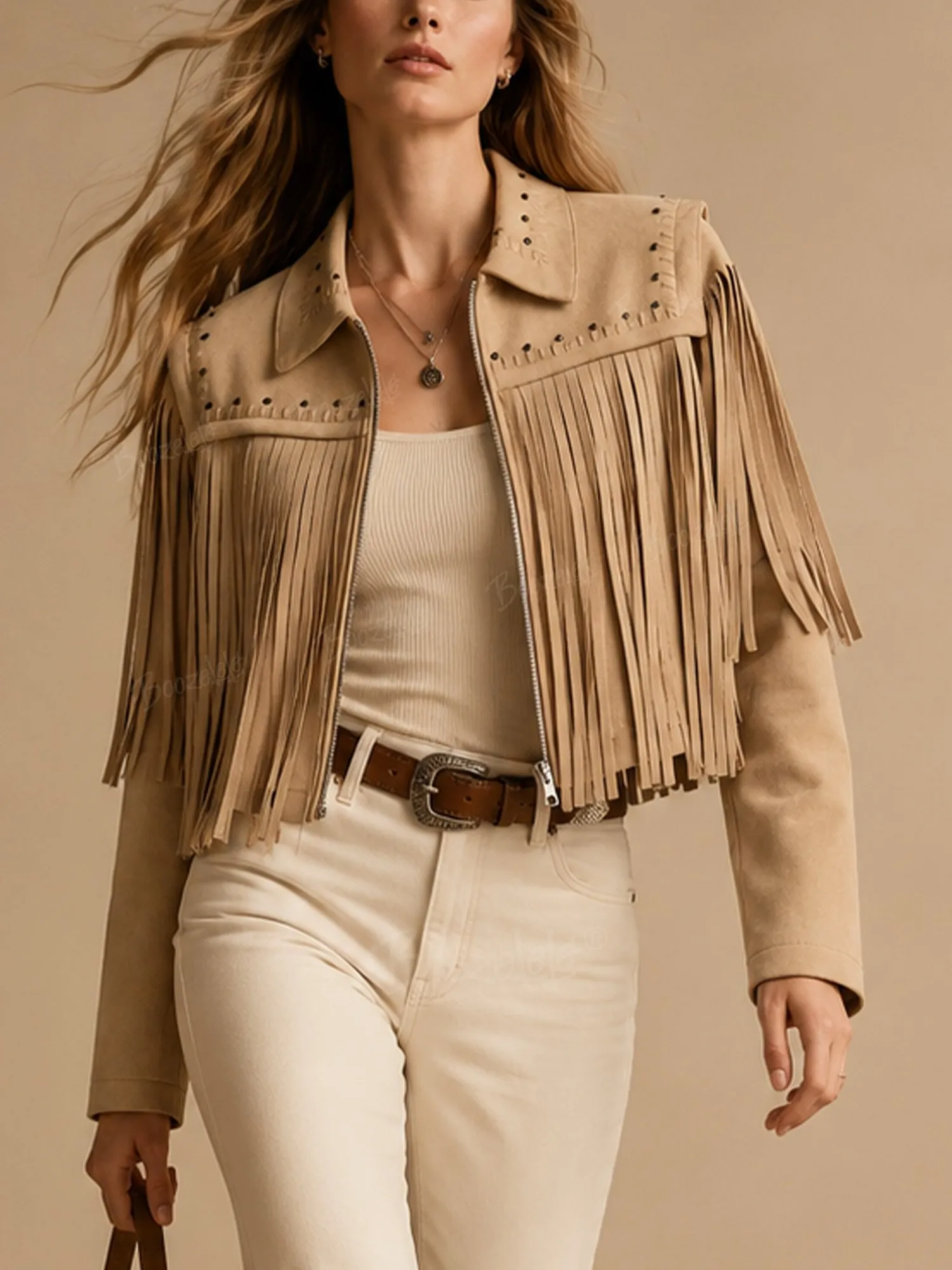 Perfect for a Nashville Night Out &mdash; Tan Studded Fringe Cropped Faux Suede Women's Jacket