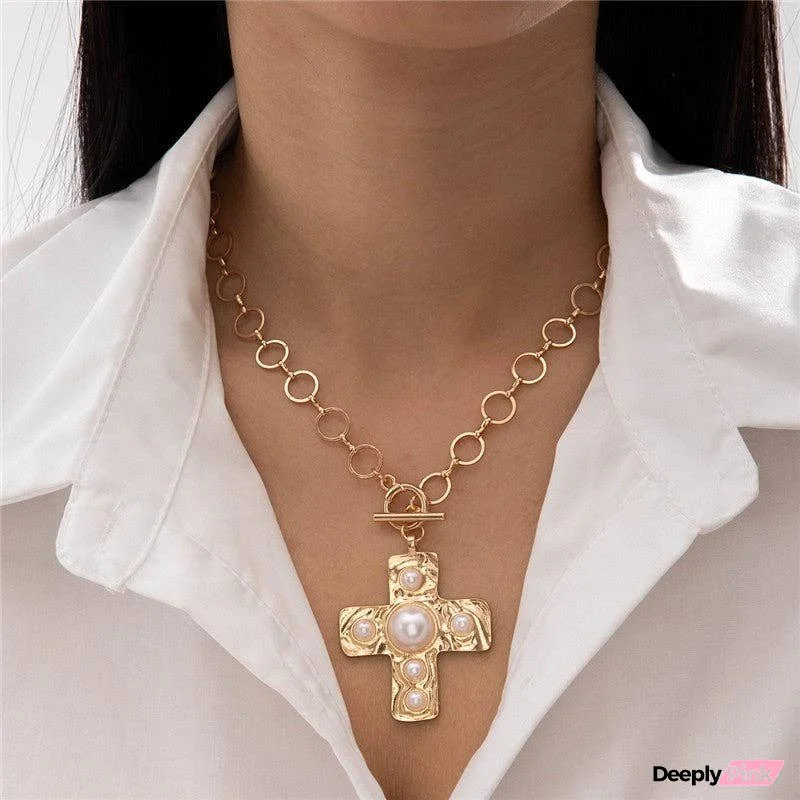 Exaggerated Personalized Faux Pearl Cross Necklace