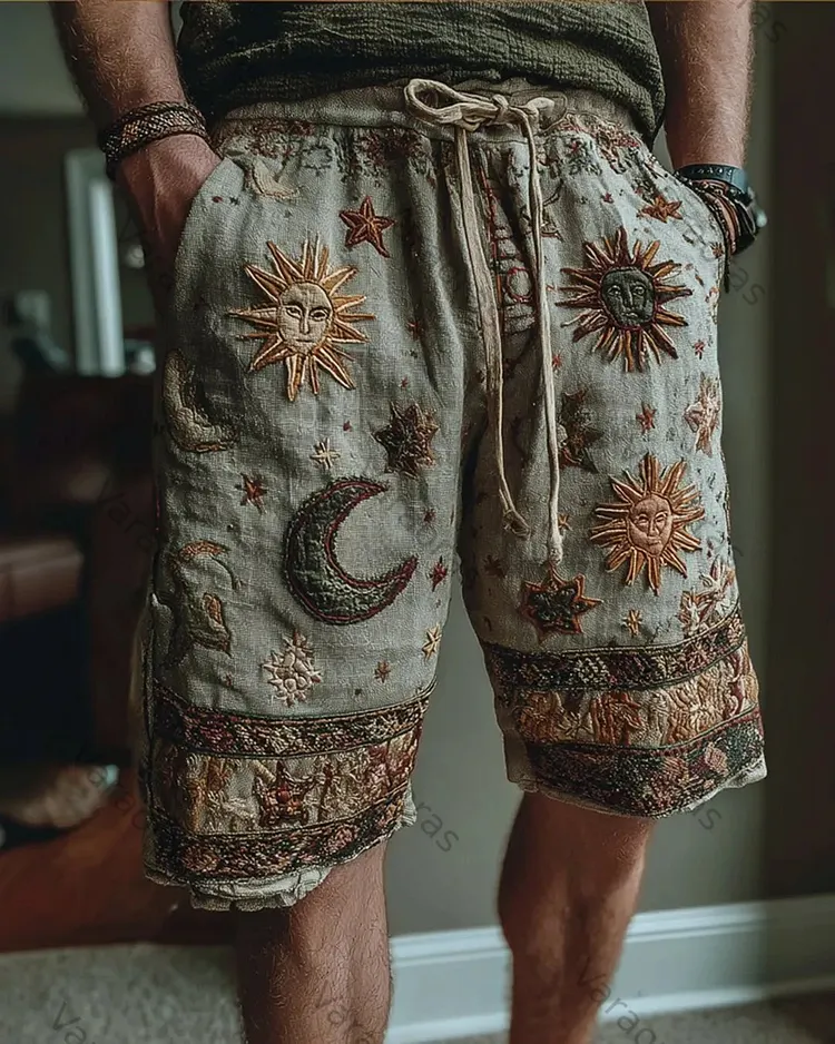 Men's Color-Blocked Star and Moon Embroidered Shorts 4577