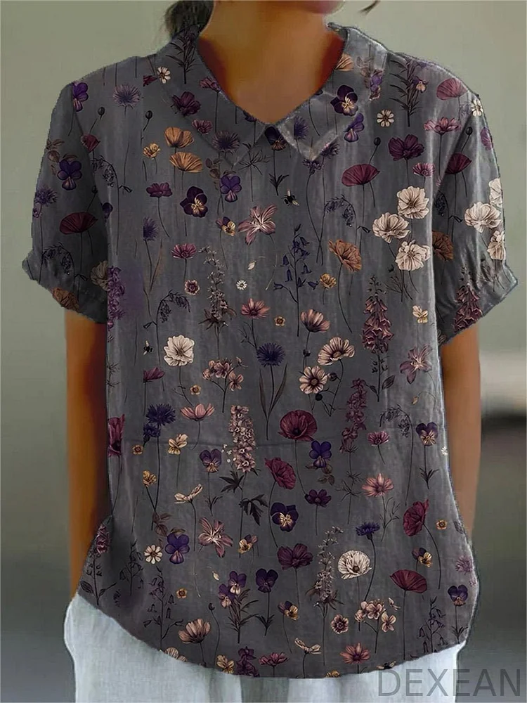Women's   Flower Art Print Casual Cotton And Linen Shirt