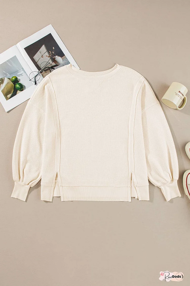 Waffle Knit Bishop Sleeve Split Oversized Sweatshirt