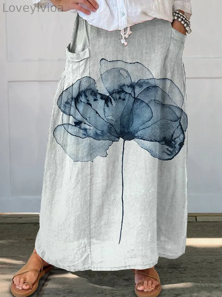 Elegant Blue Ink Flower Print Women's Linen Pocket Skirt