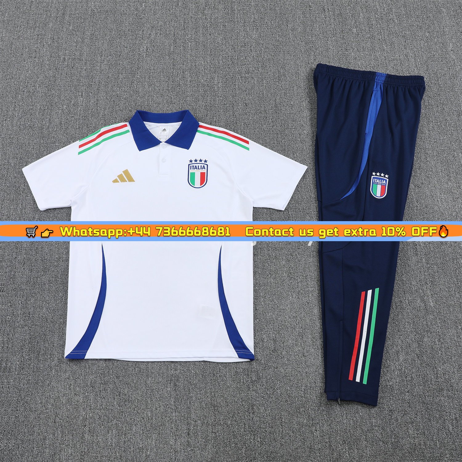 Italy 25-26 POLO Short-Sleeve Training Set - White Top and Deep Blue Pants