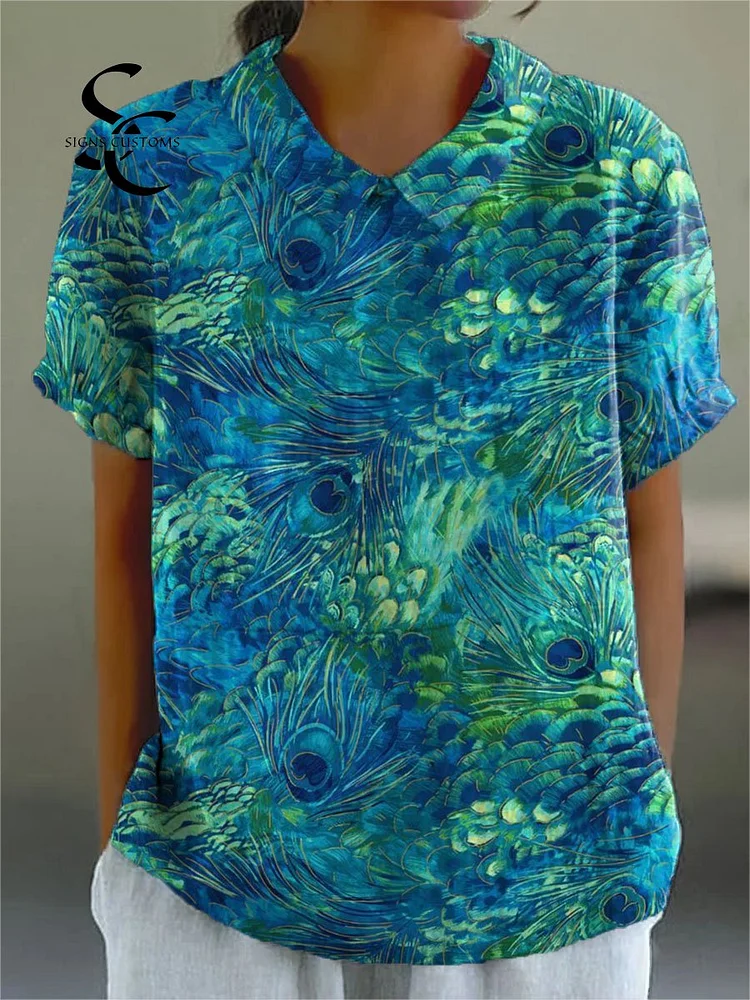 Women's Peacock Feather Pattern Art Print Casual Cotton And Linen Shirt