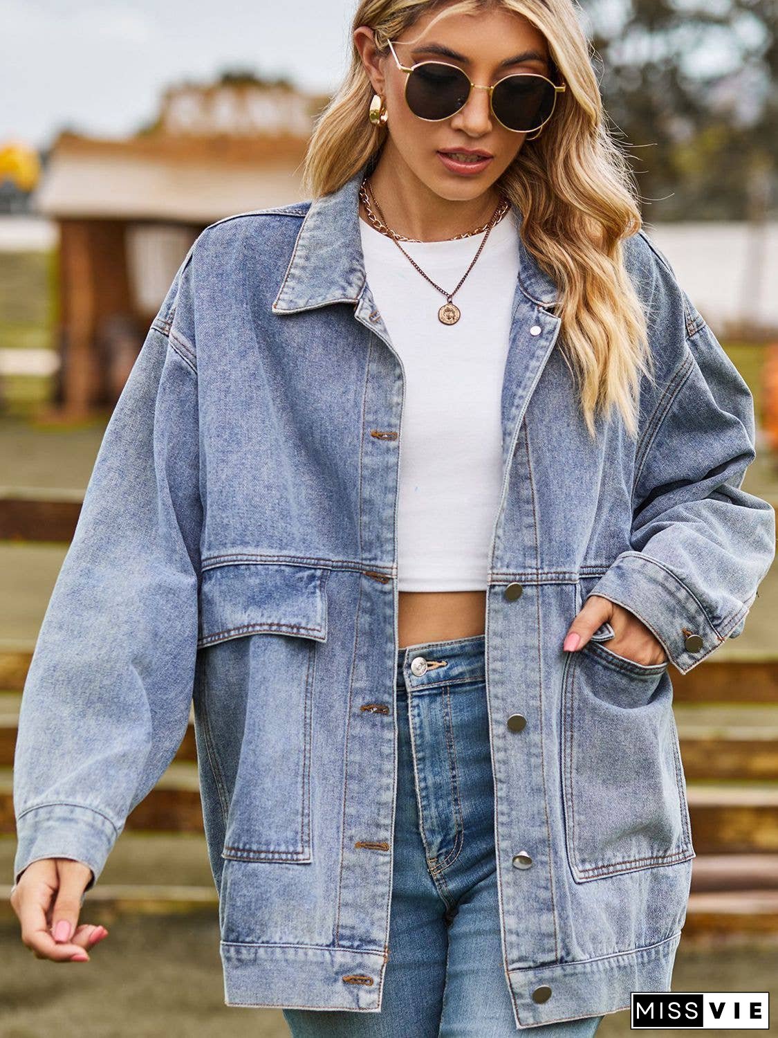 Dropped Shoulder Denim Jacket with Pockets
