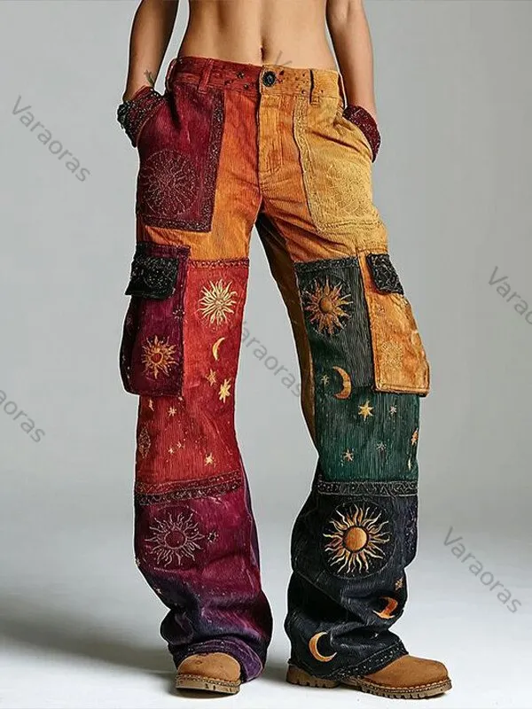 Men's Hippie Mysterious Sun Moon Color Block Print Casual Cargo Pants 29ad