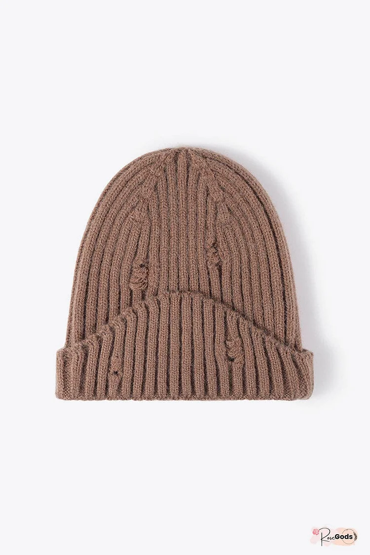 Distressed Rib-Knit Beanie