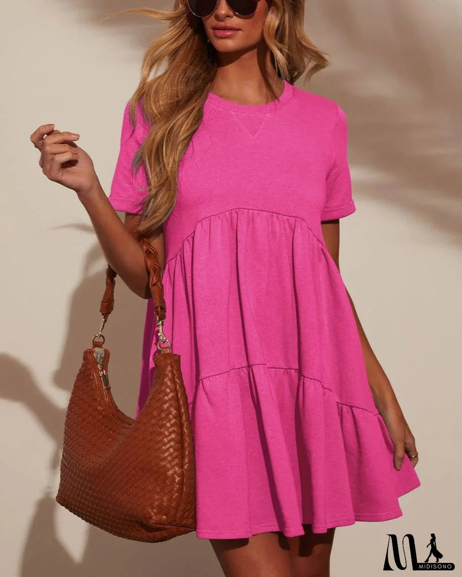 Casual Pockets Round Neck Pleated Loose Dress