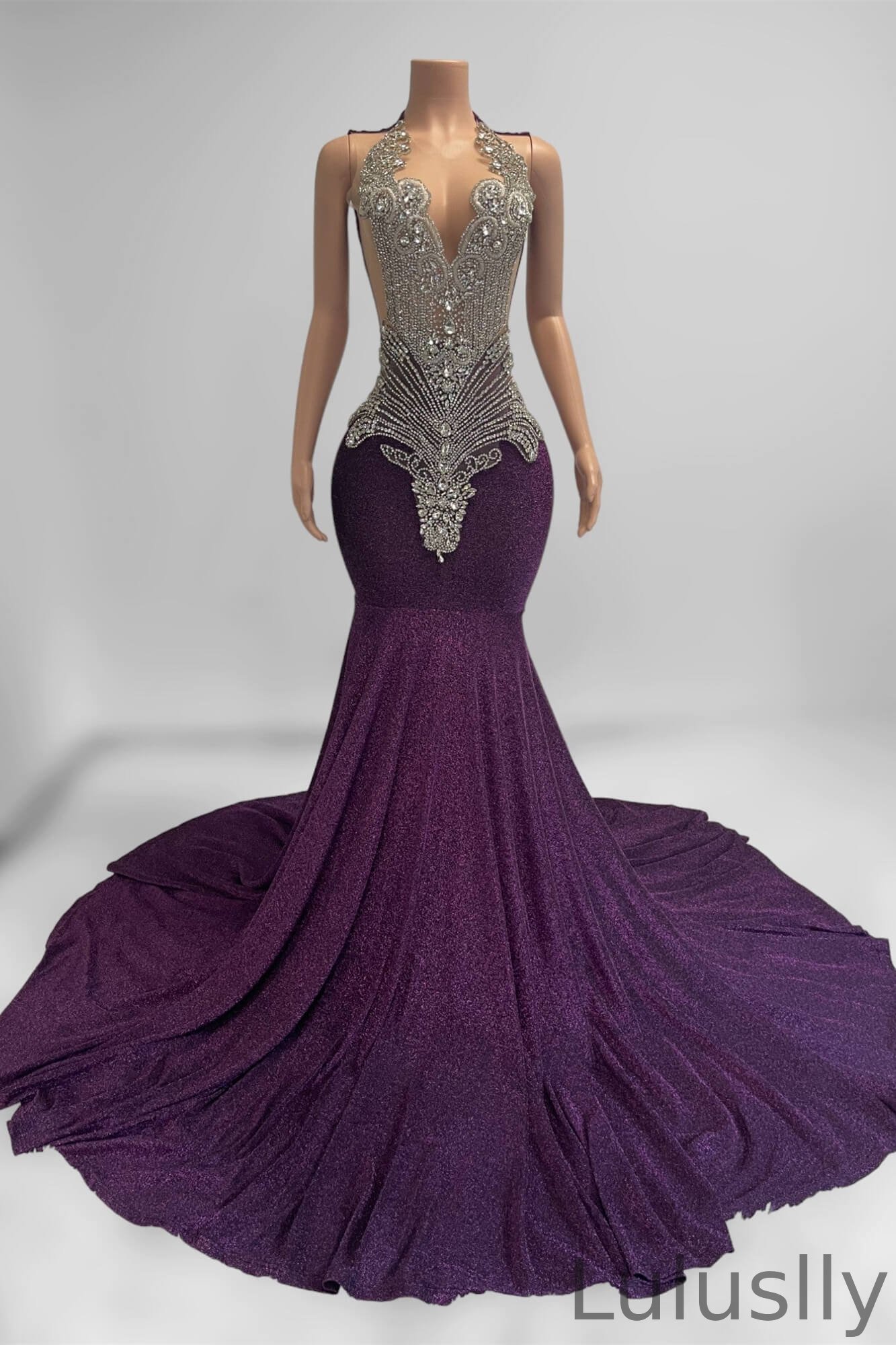 Luluslly Purple Scoop Mermaid Evening Gown Sleeveless With Beadings Crystals