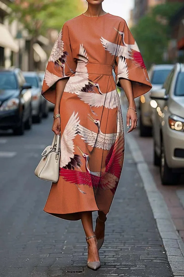 Women's Japanese Crane Art Print Midi Dress