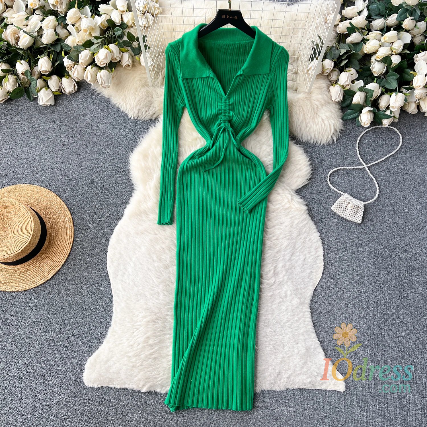 IO Dress YuooMuoo Chic Fashion Elegant Turn-down Collar Knitted Long Dress 2024 Autumn Winter Korean Fashion Ribbed Office Lady Bodycon