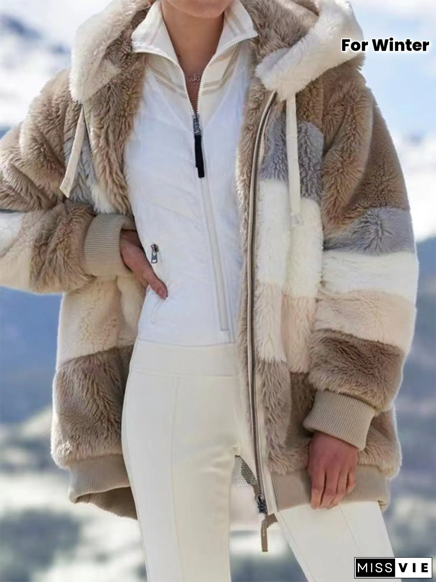 Womens New Winter Full-Zip Hooded Jacket Full-Length Fur Collar Front Loose Fit Coat