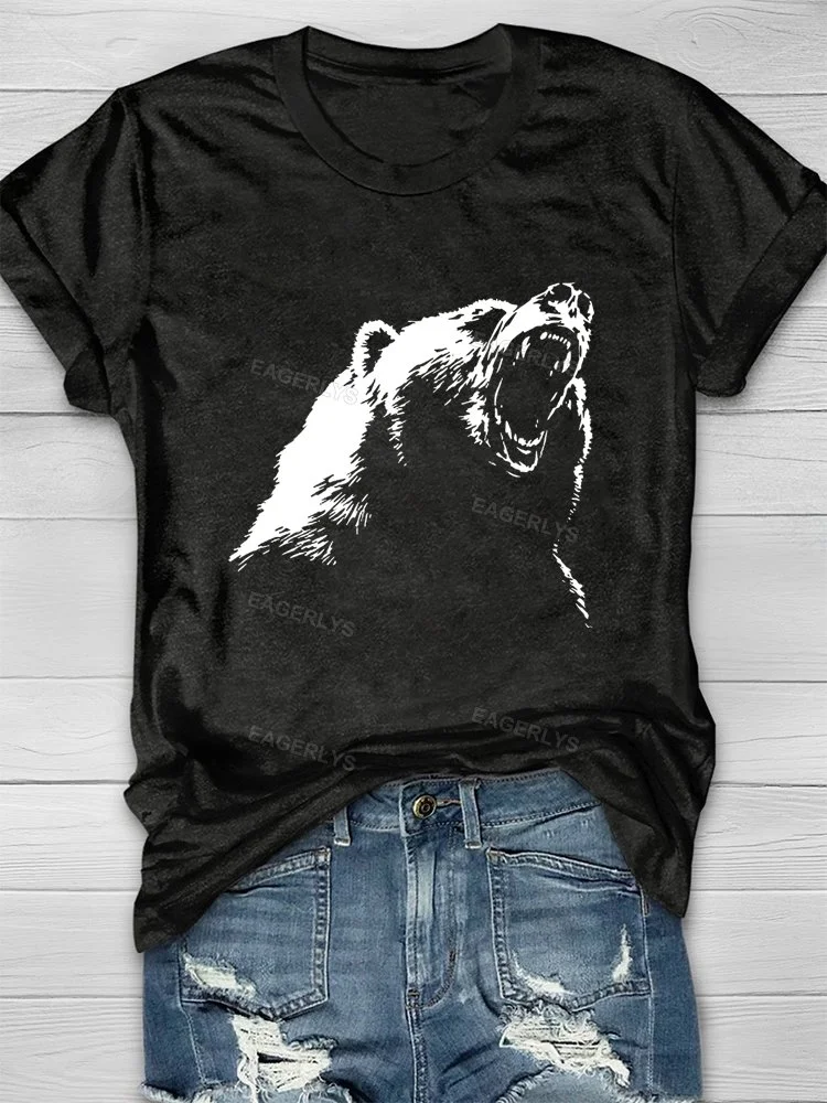 Eagerlys Ferocious Bear Growling Print T-shirt Eagerlys