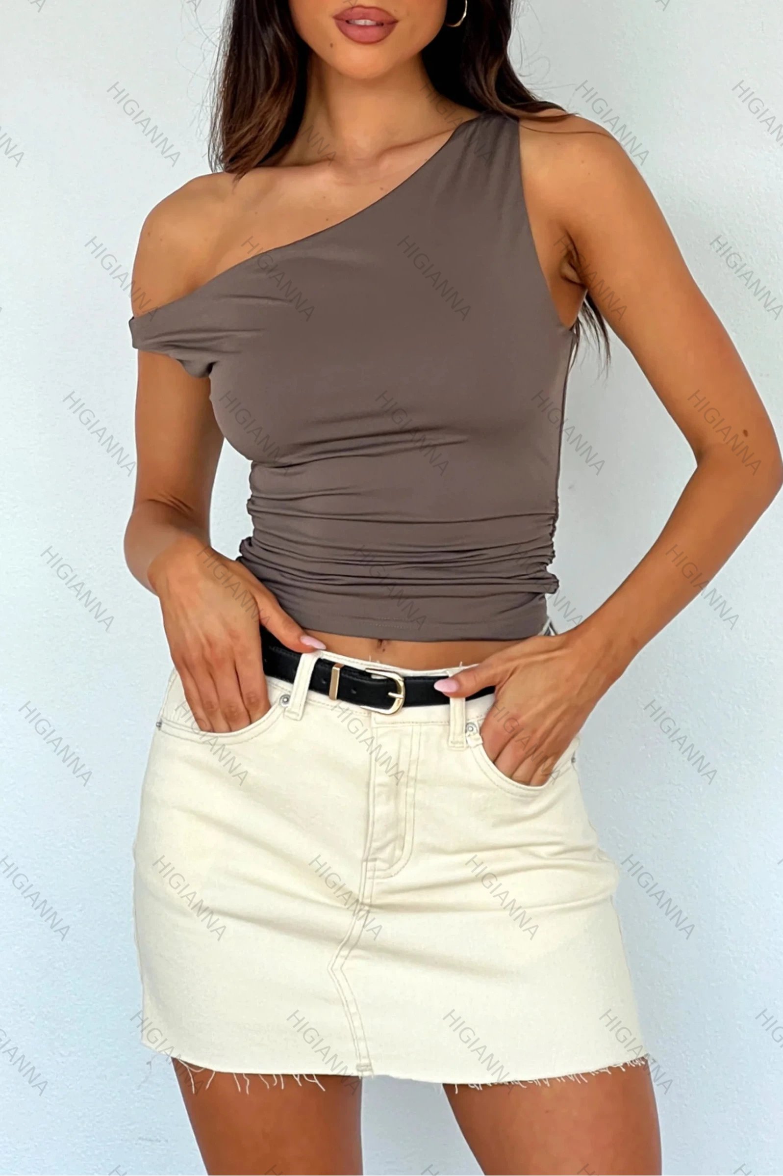 Asymmetric One-Shoulder Ruched Crop Top - HIGIANNA&reg;