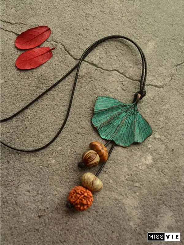Vintage Wooden Beaded Leaf Shape Necklaces Accessories