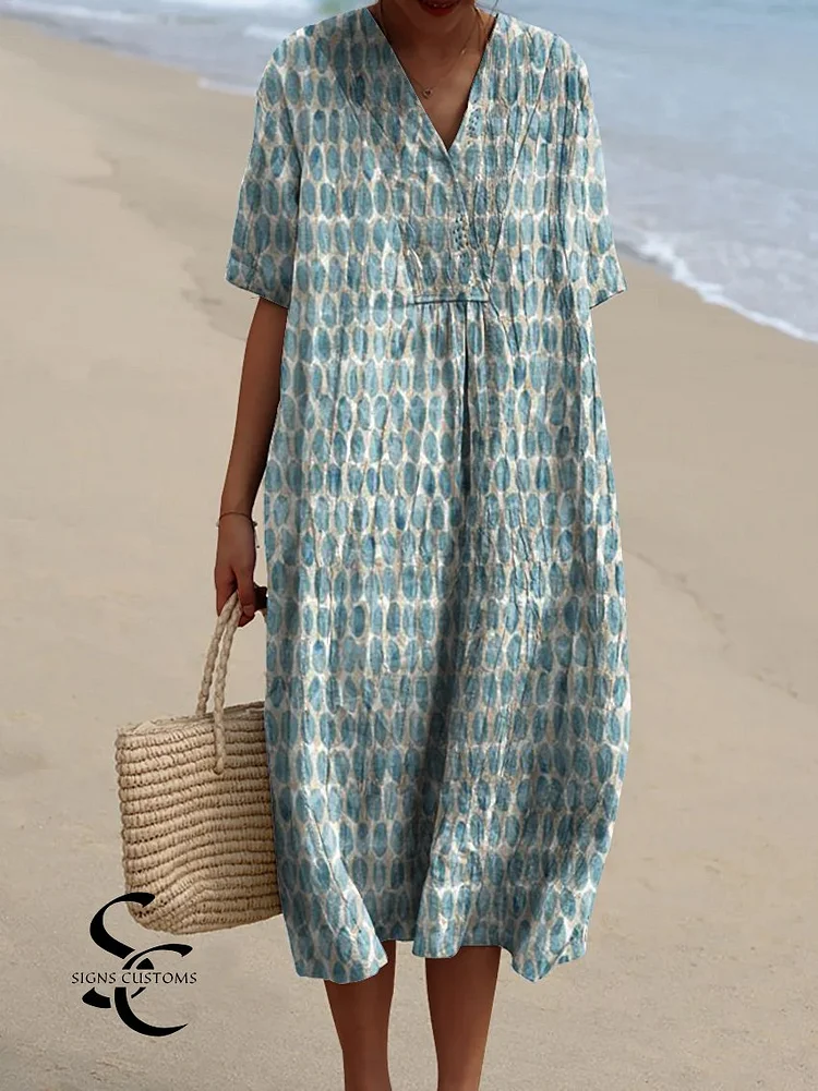 Retro Abstract Watercolor Geometric Print Flowy Dress