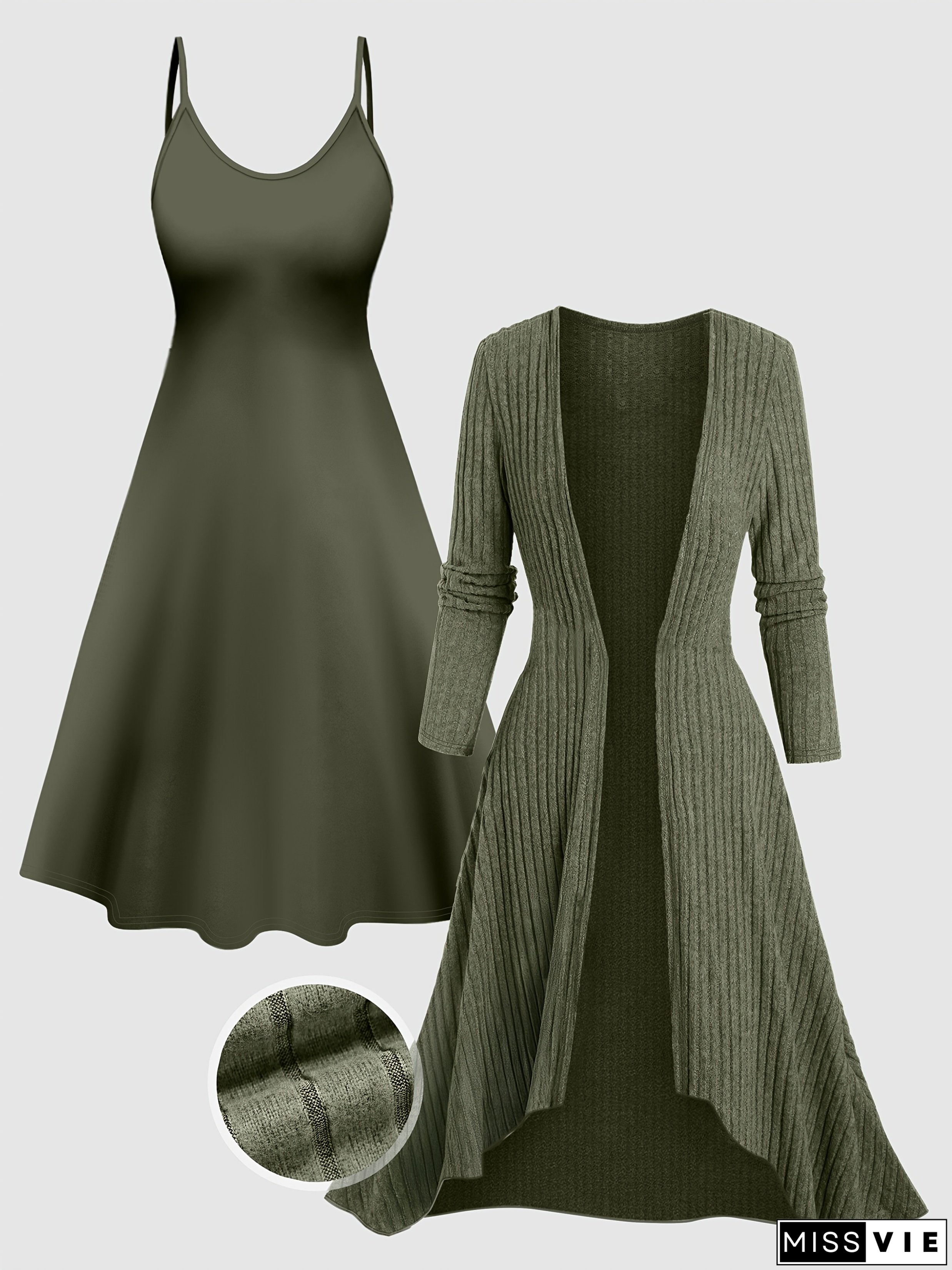 Fashion Women&lsquo;s Solid Color Knitted Cardigan Mid-Length Top with Halter Dress 2pcs Elegant Suit