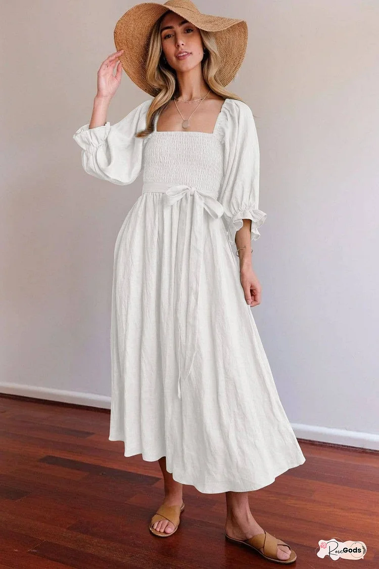 Smocked Square Neck Flounce Sleeve Dress