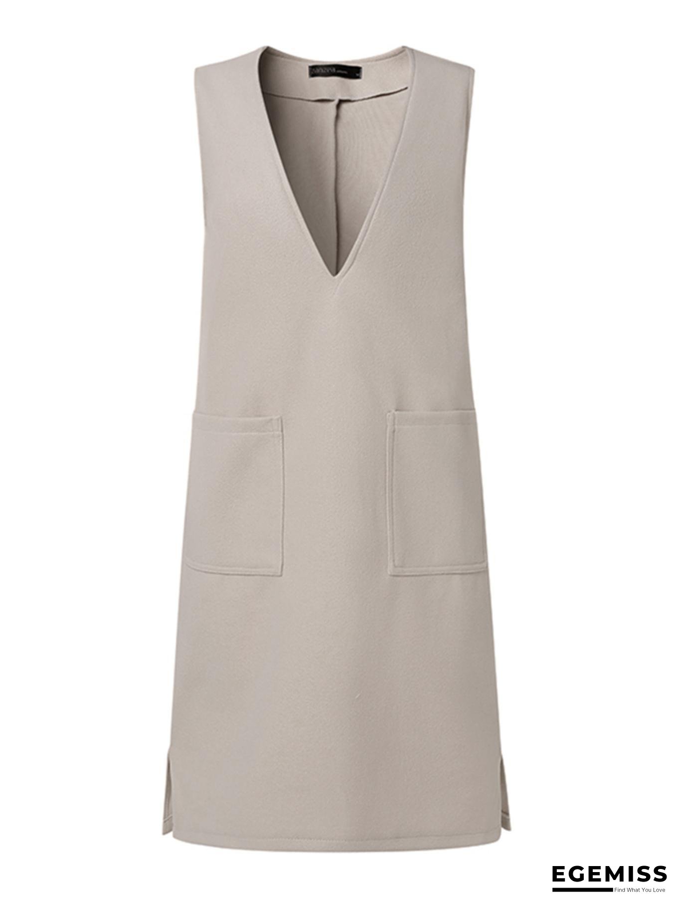 Women's Casual V-Neck Sleeveless Knee-Length Dress With Pockets - Solid Gray, Loose Fit, Perfect For Spring/Fall, Autumn Casual Wear | Vneck Dress | Construction, Ladies Dresses | EGEMISS
