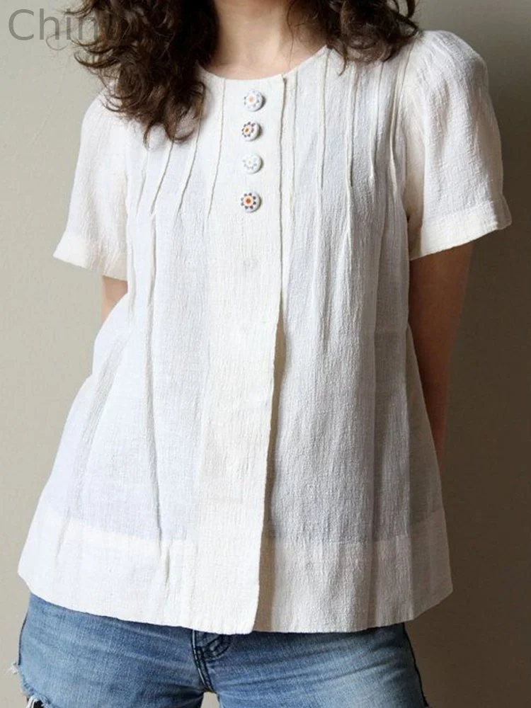 Vintage Pintucked Button Up Linen Blend Blouse