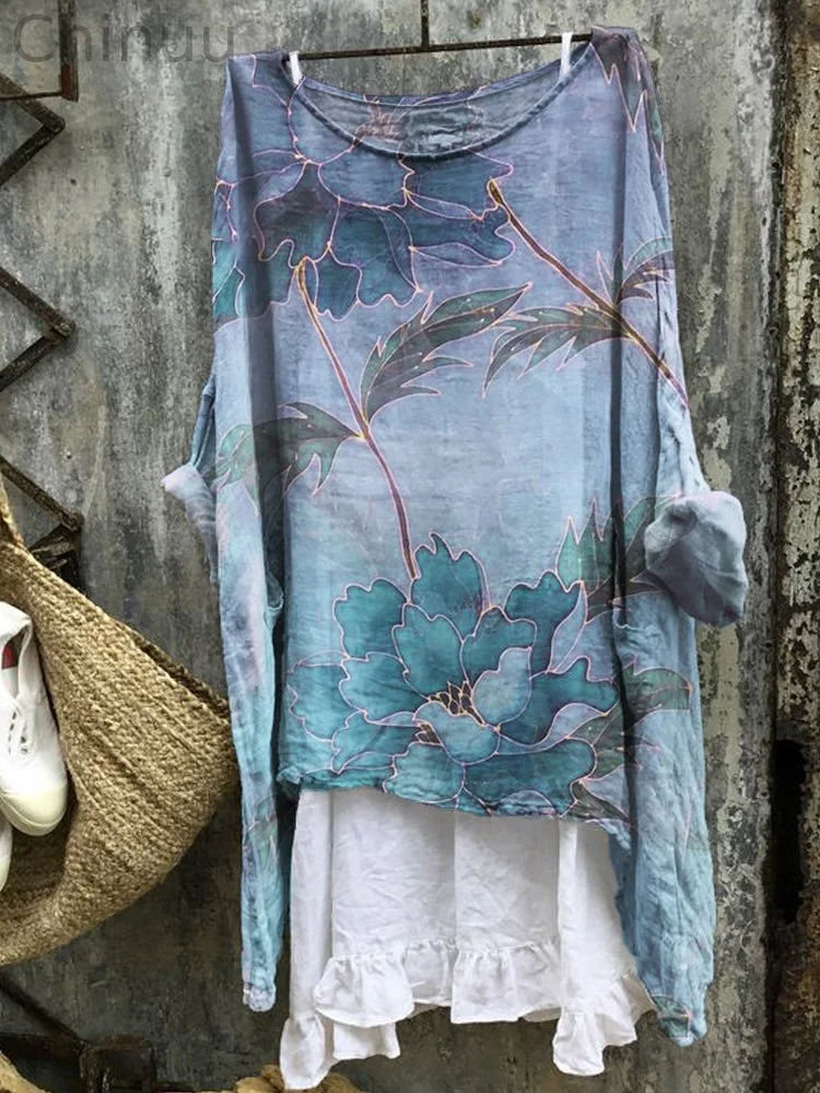 Classy Flowers Art Flowy Linen Blend Tunic