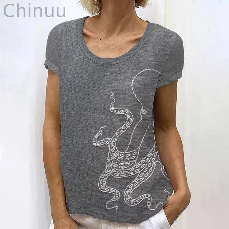 Ocean Octopus Embroidery Art Cotton And Linen T-Shirt
