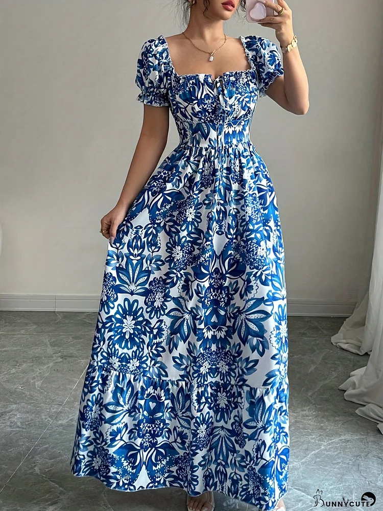 Women's Elegant Floral Print Maxi Dress With Puff Sleeves, Open Strap Design, Ruched Back, And Waist-Cinching Detail - Perfect For Holiday, Casual Outings, And Date Nights, Casual Attire|Floral Print Dress|Square Neckline