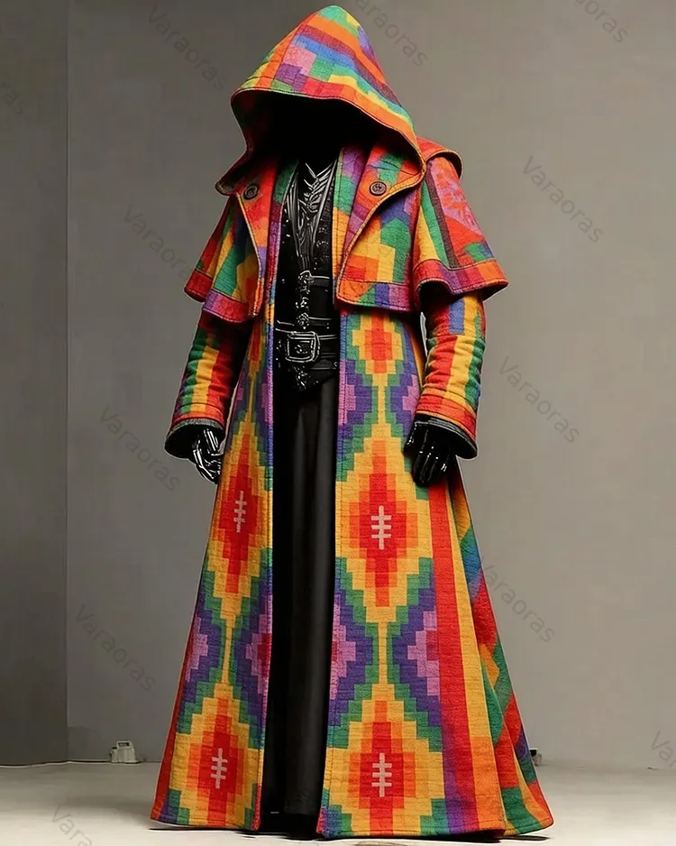 Men's Music Festival-Themed Colorful Diamond-Patterned Hooded Cape 5941