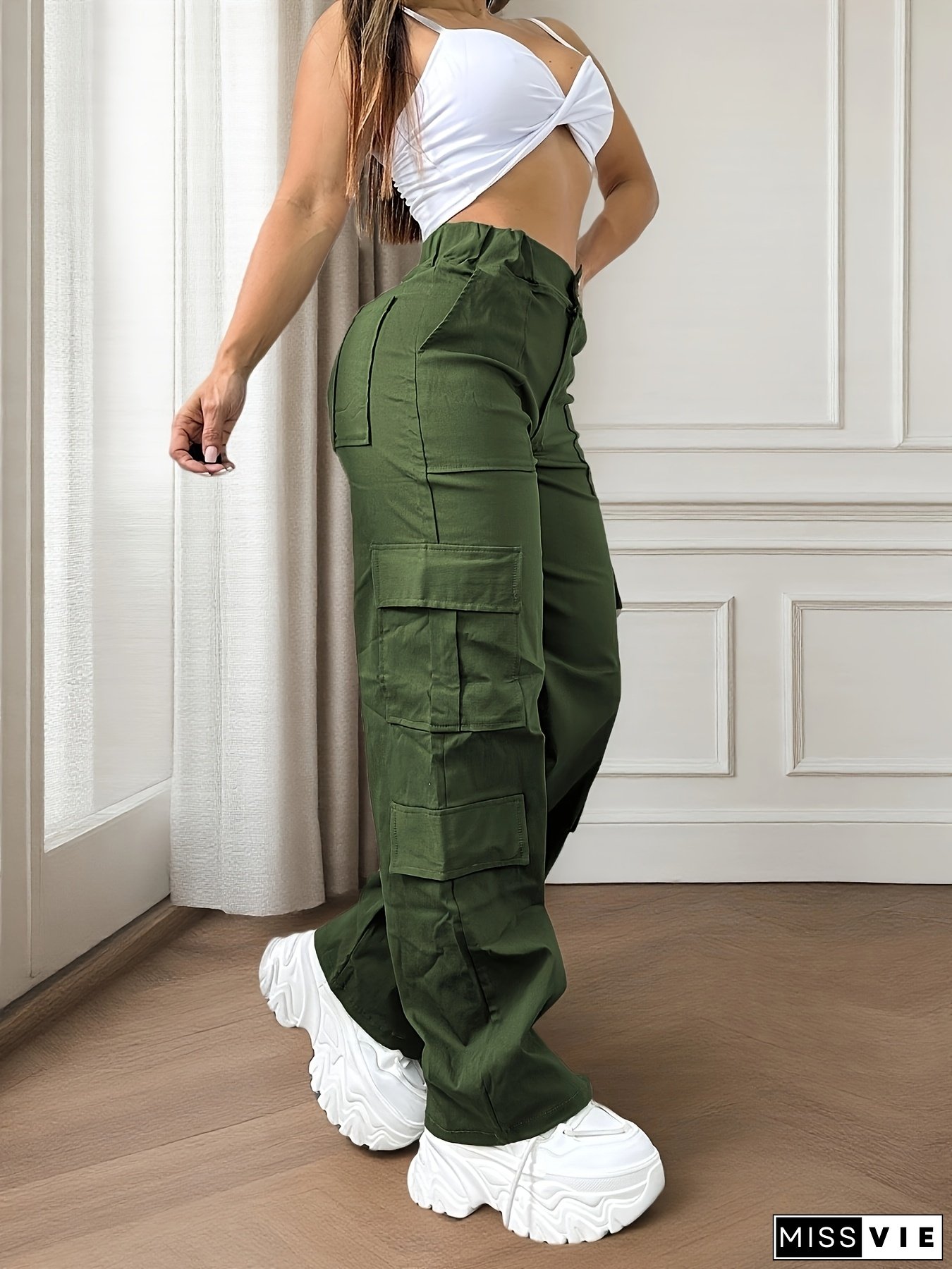 Women's Olive Green Cargo Pants - Multi-Pocket, High Waist, Wide Leg, Casual Street Style