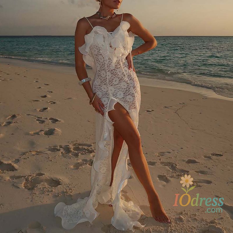 IO DressNew Lace Split Slim Fit Women's Long Dress Ruffled Off Shoulder Straps Summer Dress Sexy Hollow Out Backless Solid Beach Dresses IO Dress
