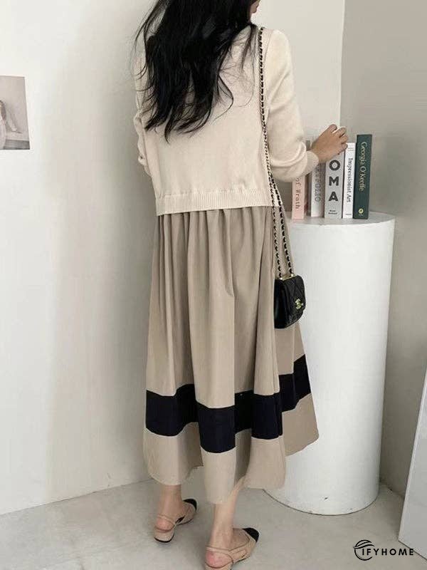 A-line Long Sleeves Pleated Split-Joint Round-neck Midi Dresses Sweater Dresses | IFYHOME