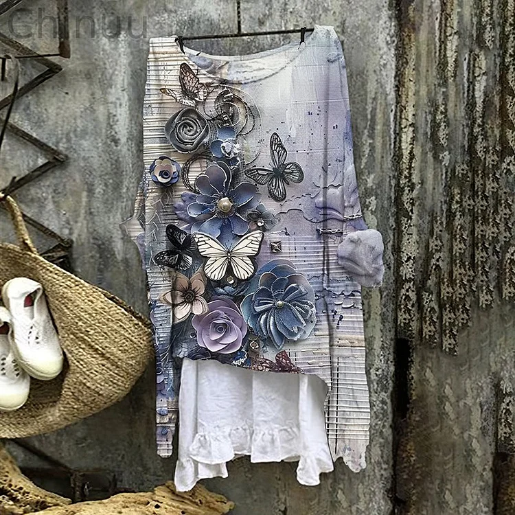 Women's Vitange Butterfly And Floral Art Round Neck Shirt