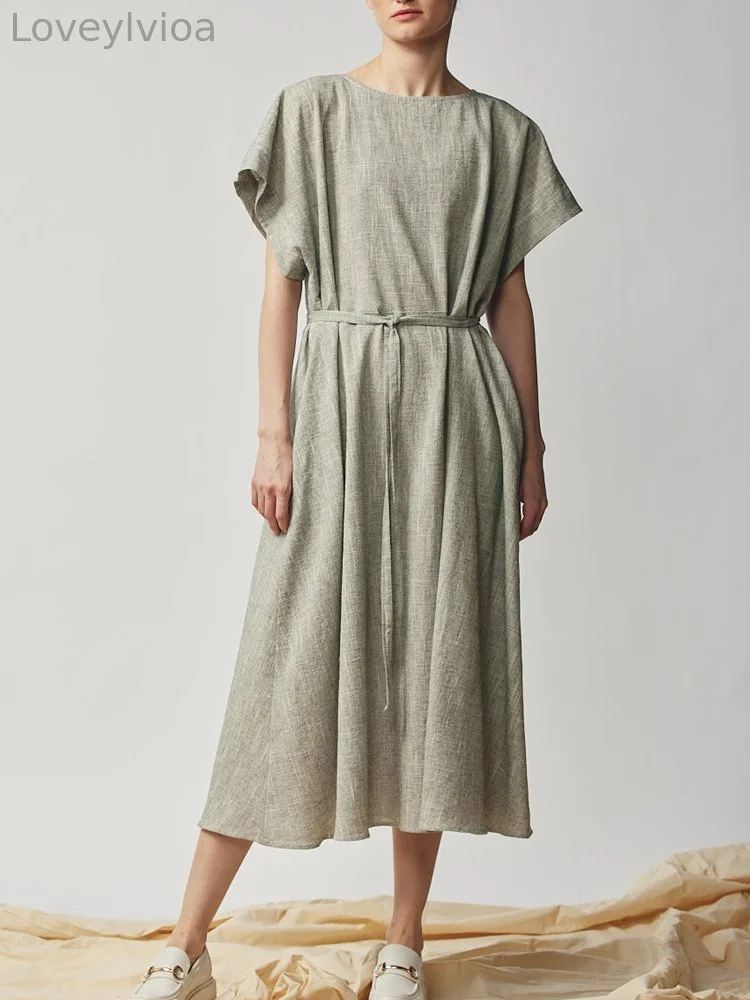 Japanese Art Linen Short Sleeve Oversized Tee Dress