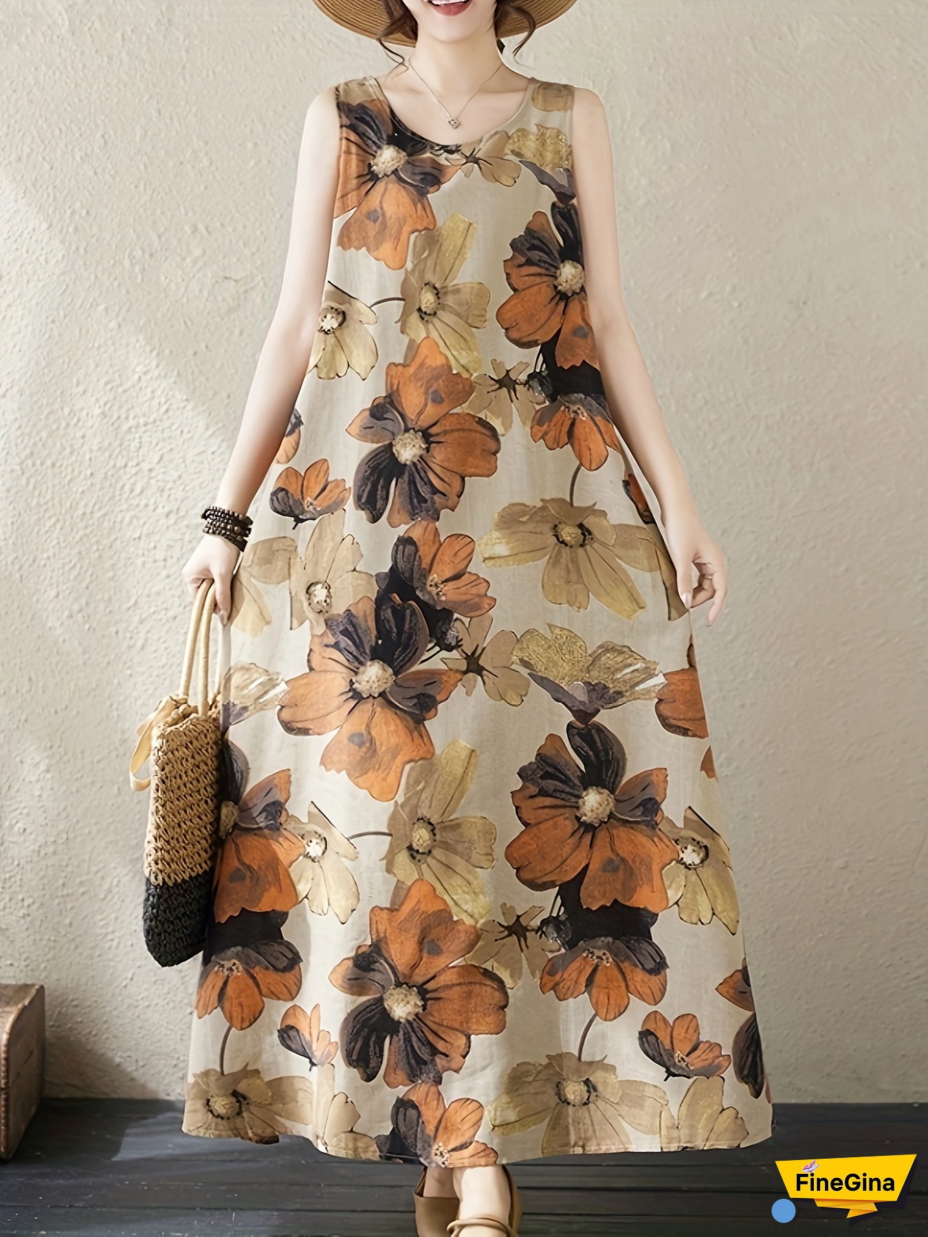 Women's Sleeveless Linen Print Dress - Casual Summer Maxi With Pockets, Round Neck, Light Green Floral Pattern, Flowy Design For Spring/Summer, Floral Dres