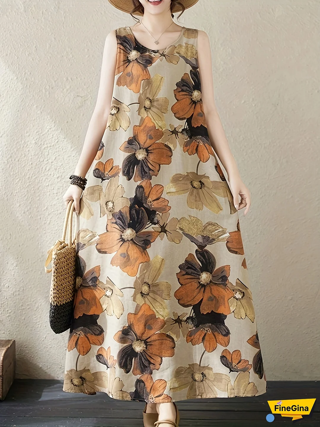 Women's Sleeveless Linen Print Dress - Casual Summer Maxi With Pockets, Round Neck, Light Green Floral Pattern, Flowy Design For Spring/Summer, Floral Dres