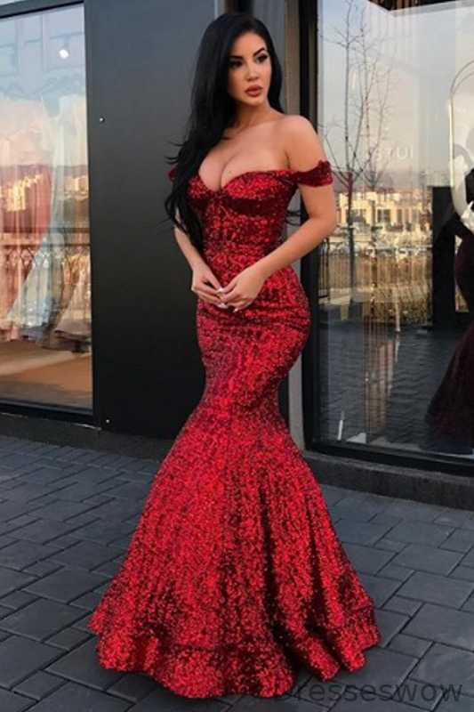 Dresseswow Charming Off-the-Shoulder Mermaid Sequins Long Evening Prom Dress