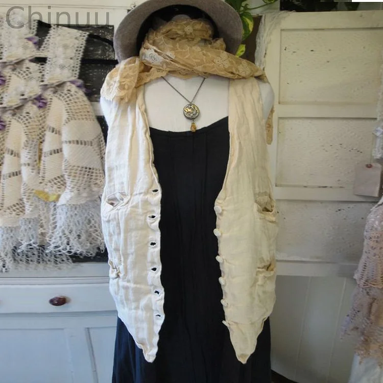 Women's Vintage Button Linen Blend Casual  Vest