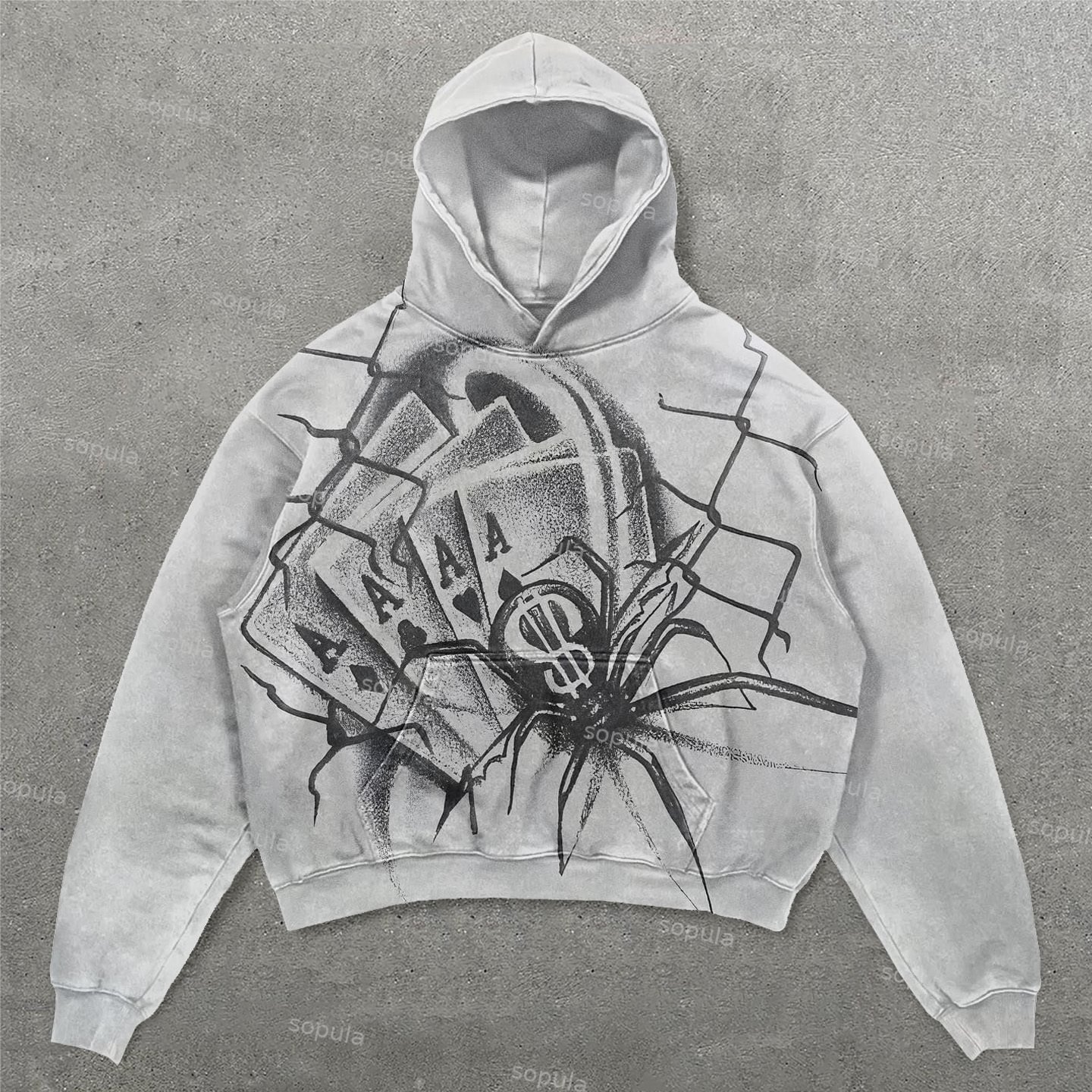 Sopula Vintage Spider Playing Cards Graphic Washed Hoodie - Sopula｜Premium Graphic Tees & Graphic Clothing