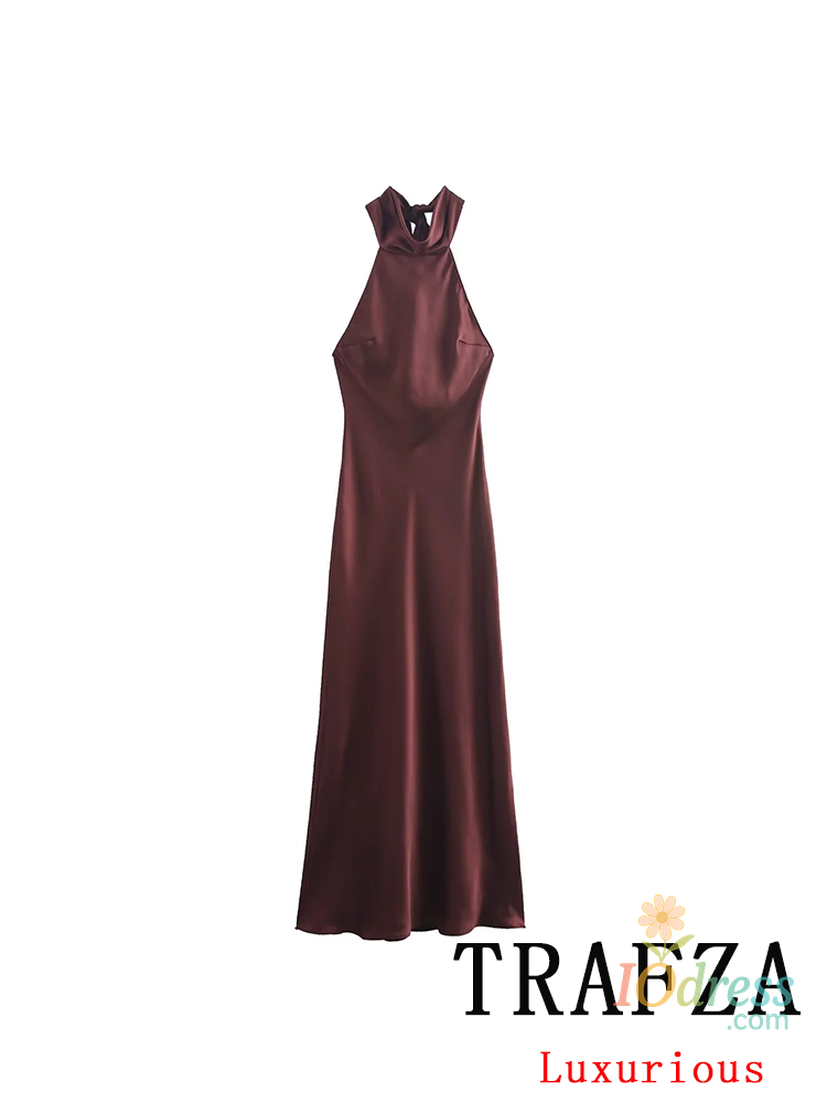 IO Dress TRAFZA Vintage Casual Chic Solid Women Dress Halter Zipper Beach Long Dress Fashion 2024 Autumn Winter Boho Party Female Dress