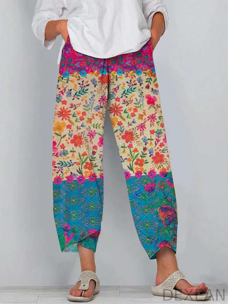 Vintage Bohemian Floral Art Cropped Lounge Pants
