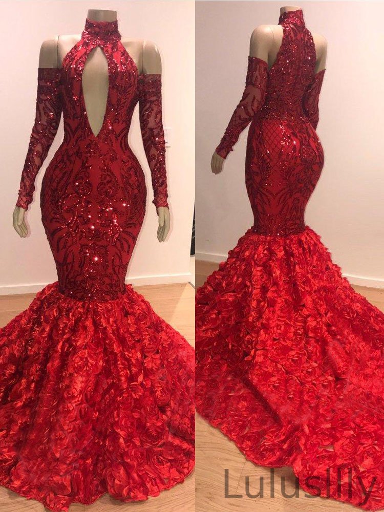 Fabulous Red Long Sleeves Mermaid Prom Dress Sequins Bottom Flowers - lulusllly