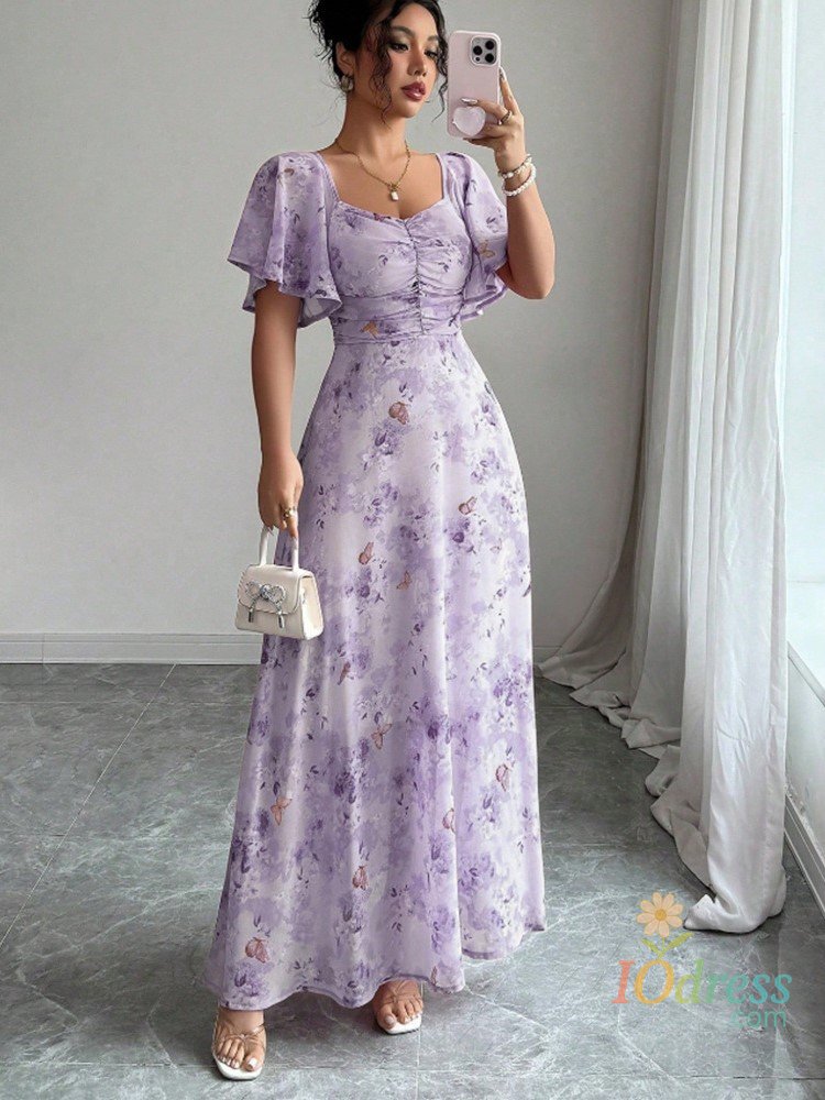 IO Dress Fashion Strapless Lotus Leaf Short-sleeved Floral Women's Dresses Summer Elegant High Waisted Female Chiffon Slimming Dress 2025