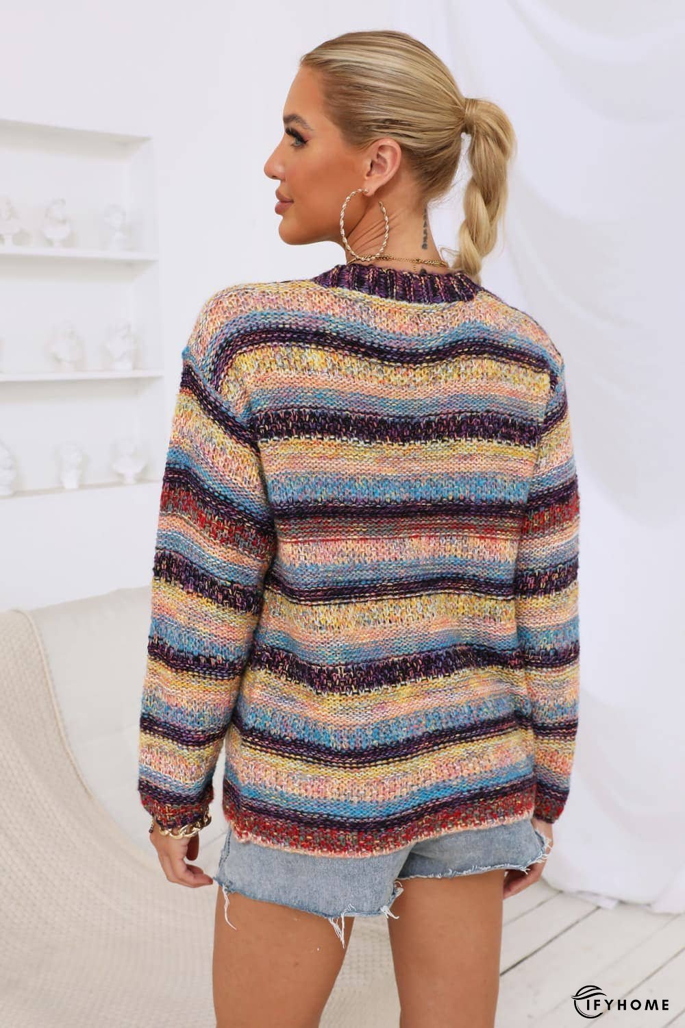 Striped Long Sleeve Open Front Cardigan | IFYHOME