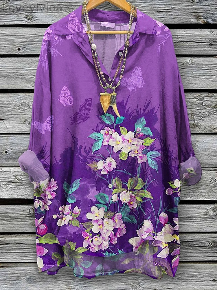 Women's  Gradient Floral  Print Casual Cotton And Linen Shirt
