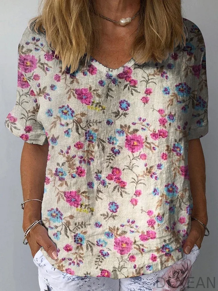 Women's   Floral Art Print Casual Cotton And Linen Shirt