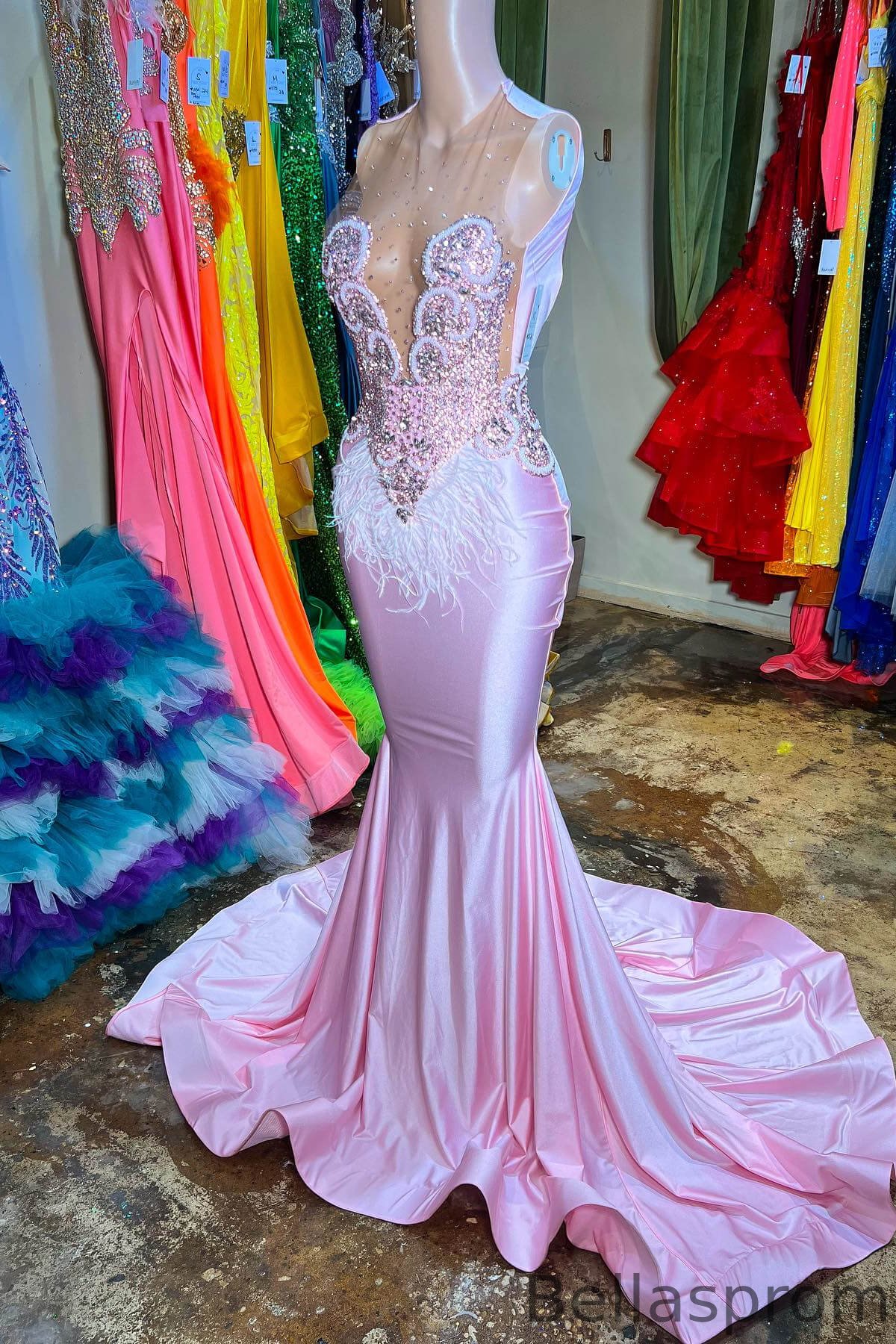 Bellasprom Pink Scoop Sleeveless Mermaid Prom Dress With Sequins Beadings Feathers Bellasprom